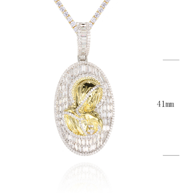 High quality 14K Gold plated Men's Hiphop 41mm height fully icedout baguette two tone Virgin Mary  p