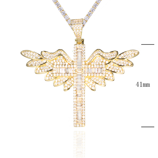 High quality 14K Gold plated Men's Hiphop 41mm height fully icedout baguette Cross with wings  penda