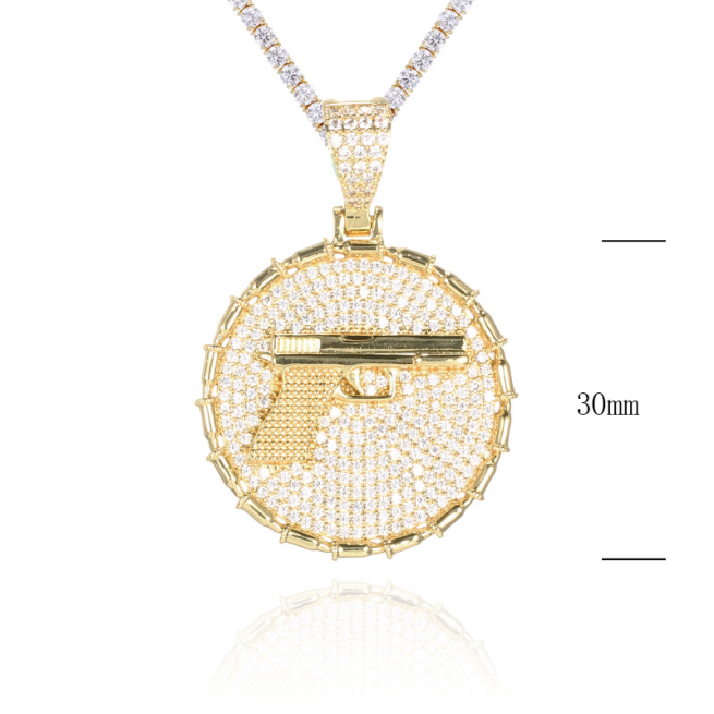 High quality 14K Gold plated Men's Hiphop 30mm height fully icedout Solid medallion with gun pendant