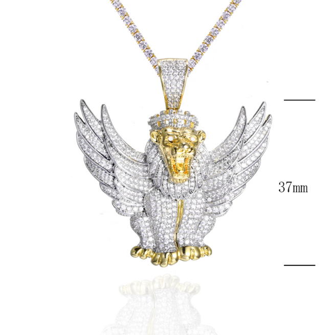 High quality 14K Gold plated Men's Hiphop 37mm height fully icedout two tone lion king with wings pe