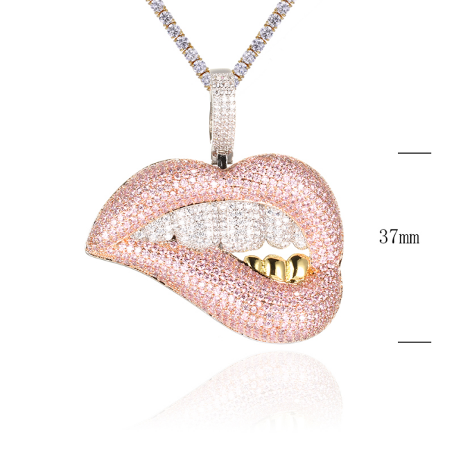 High quality 14K Gold plated Men's Hiphop 37mm height fully icedout pink lip-biting with gold teeth 