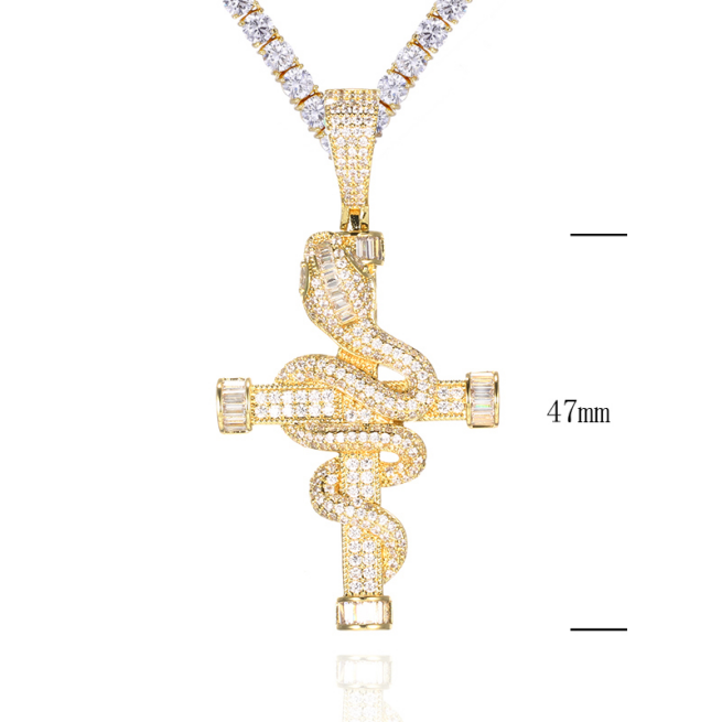 High quality 14K Gold plated Men's Hiphop 47mm height fully icedout baguette snake wrap cross  penda