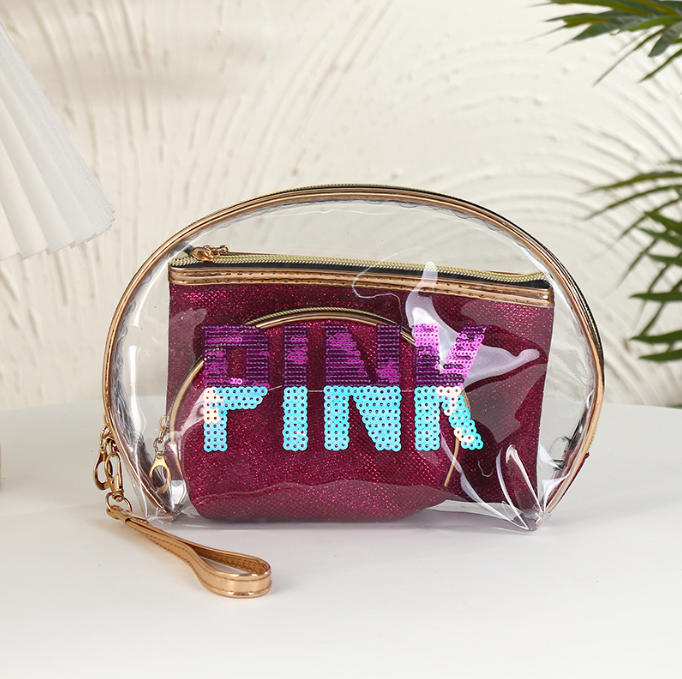 Free shipping  clear PVC cosmetic bag with inner pouch pink 